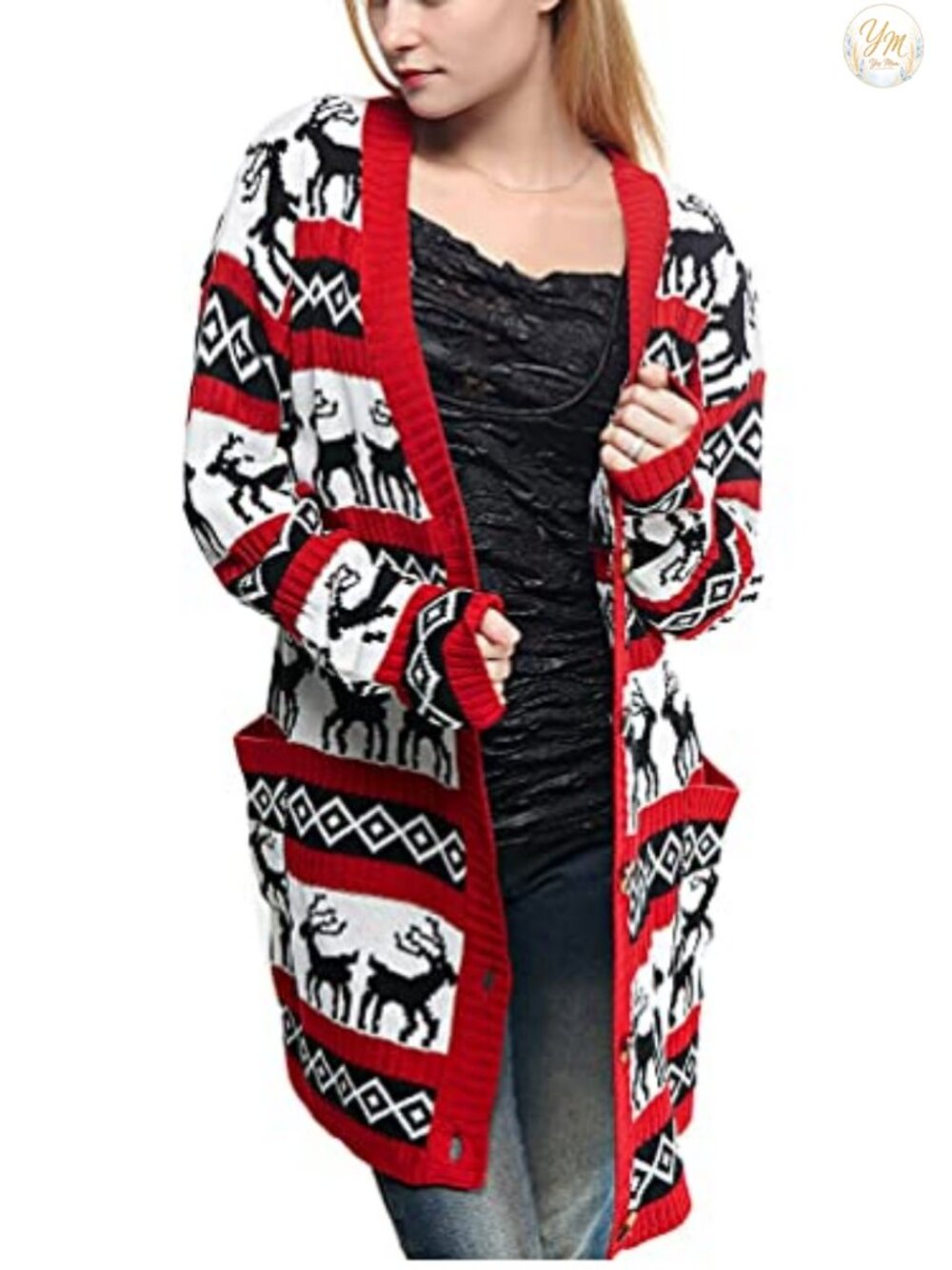Oversized Christmas Reindeer Cardigan Women's Long Sleeve Acrylic Wool Crew